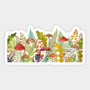 Autumn leaves and mushrooms seamless border. Fall leaf, fly agaric watercolor illustration. Woodland composition Sticker